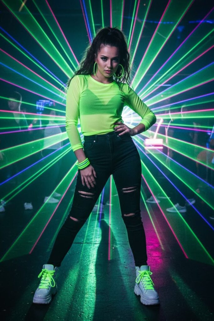 8. Neon Green Mesh Top Over a Bralette