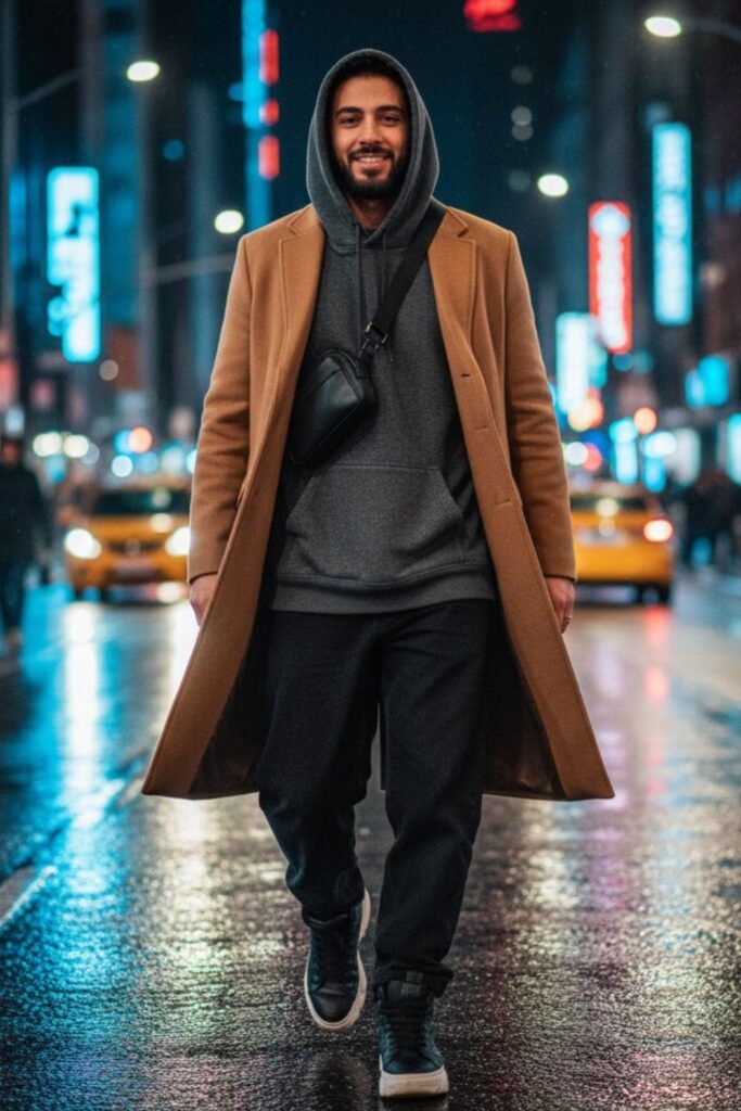 8. Oversized Hoodie with Long Coat and Loose Jeans