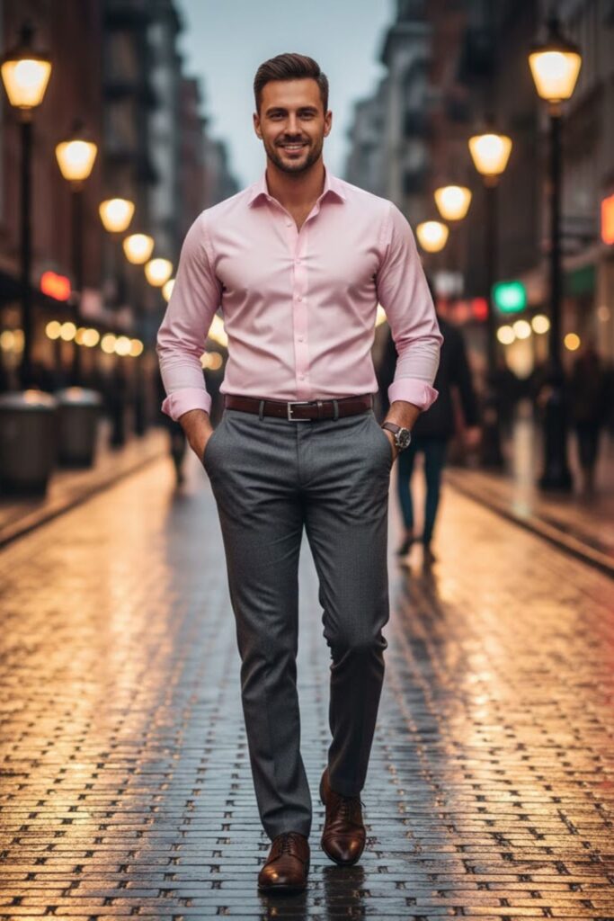 8. Pink Shirt with Charcoal Pants