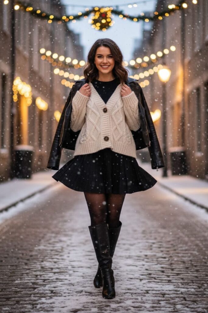 8. Pleated Mini Skirt with Layered Tops and Knee Boots