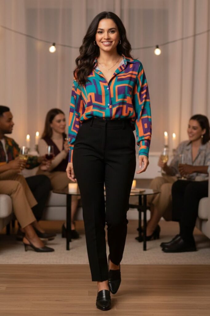 8. Printed Shirt and Tailored Pants