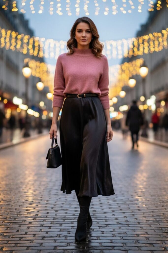 8. Satin Black Skirt with Cashmere Sweater