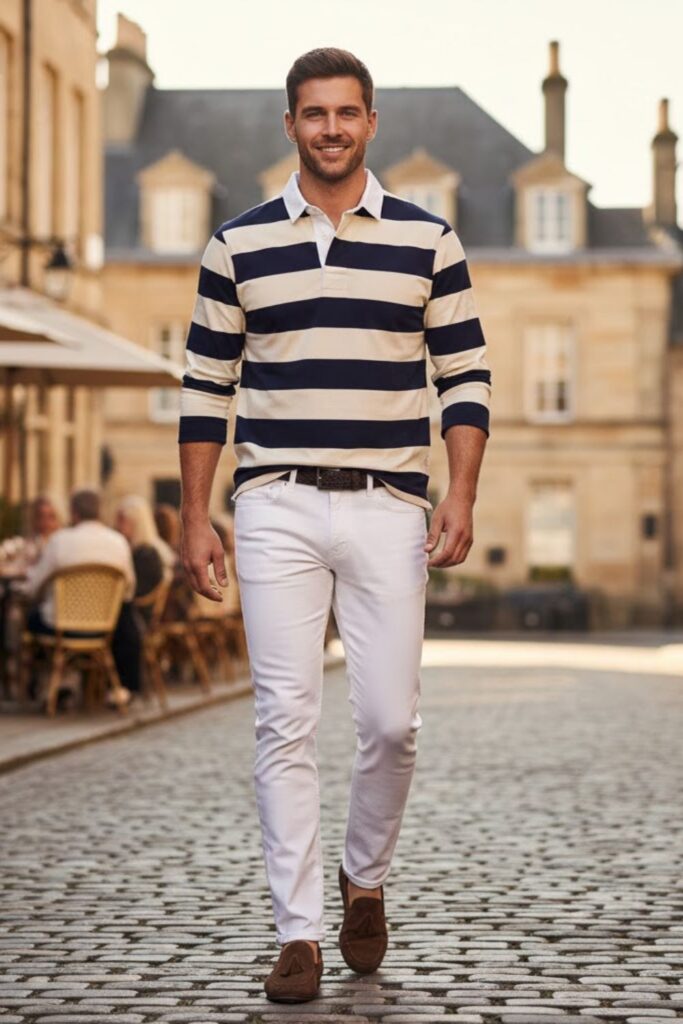 8. The Rugby Shirt and White Jeans