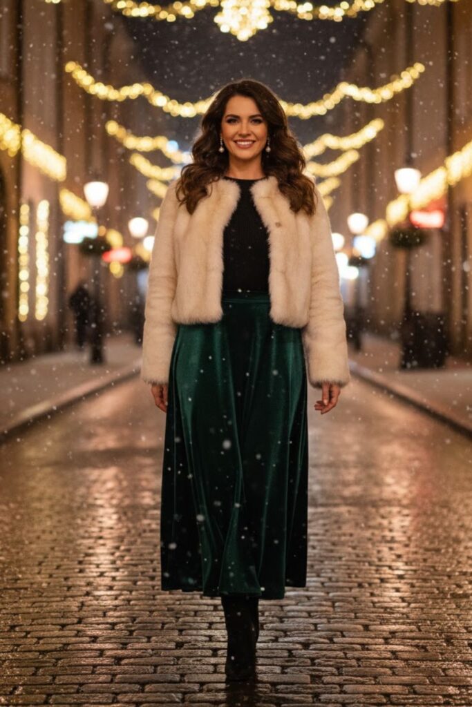 8. Velvet Maxi Skirt with Cropped Coat