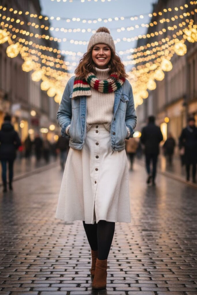 8. White Corduroy Skirt with Denim Jacket