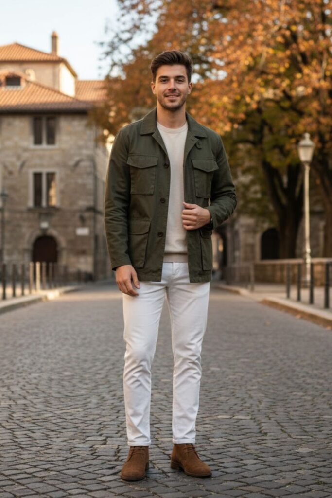 8. White Pants with Olive Green Jacket