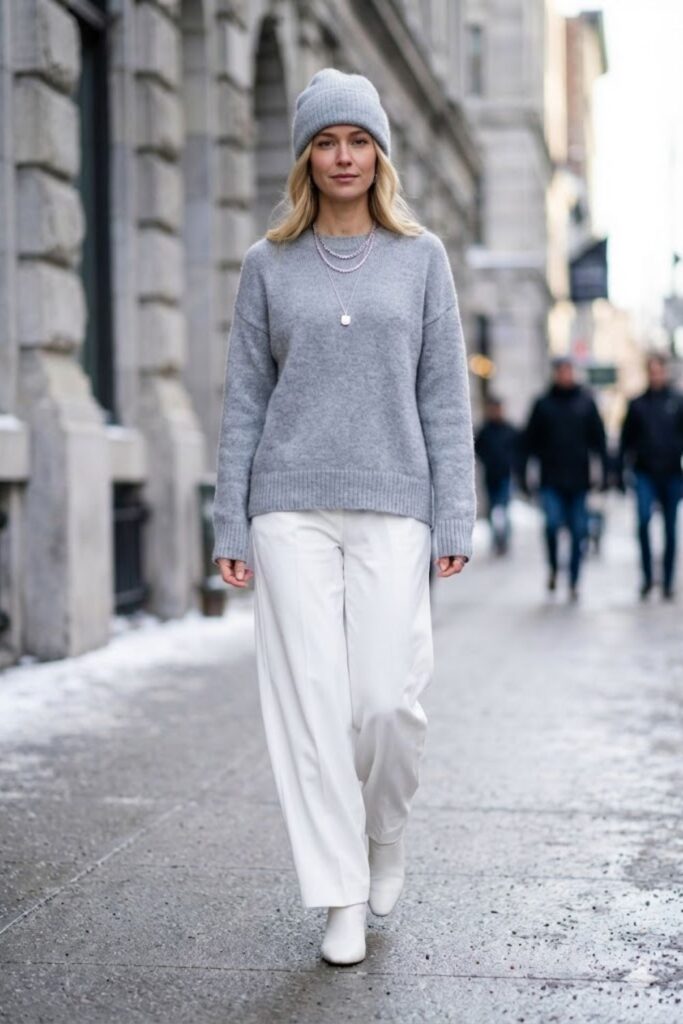 8. White Wide-Leg Pants with Gray Sweater and Matching Beanie