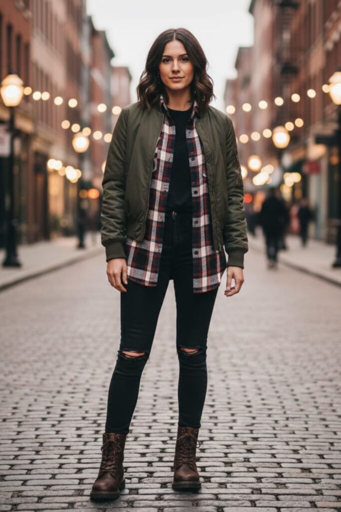 9. Black Jeans with Plaid Shirt and Bomber Jacket