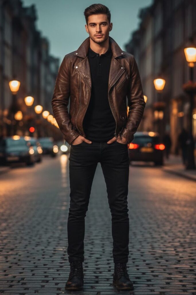 9. Black Shirt with Leather Jacket