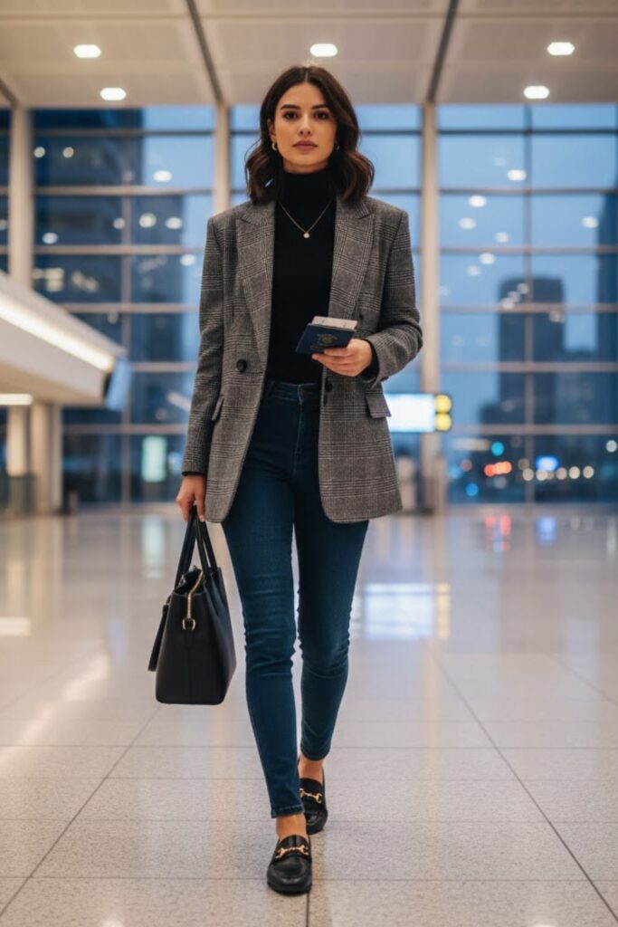 9. Blazer with Turtleneck and Skinny Jeans