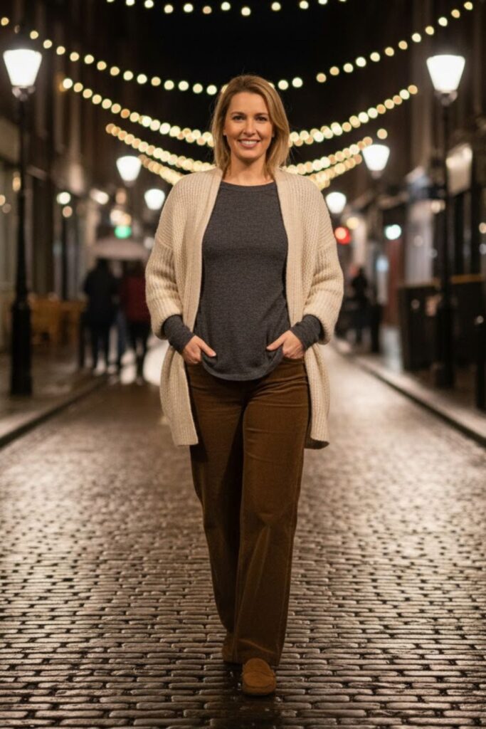 9. Brown Corduroy Pants with a Chunky Cardigan and Thermal Tee
