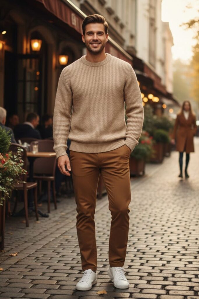 9. Brown Pants with Beige Sweater