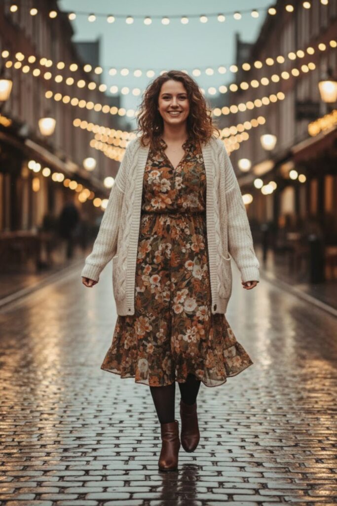 9. Cable Knit Cardigan with Midi Dress
