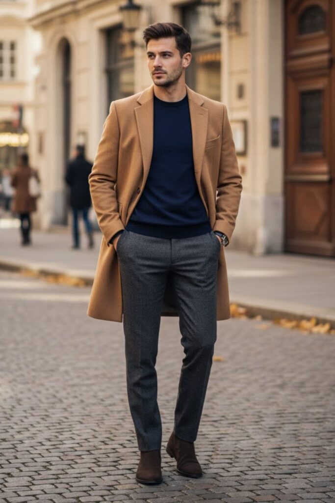 9. Camel Overcoat with Sweater and Trousers