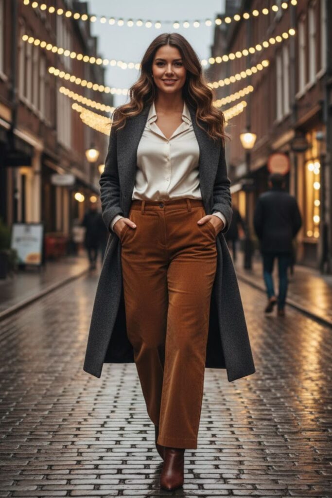 9. Corduroy Pants with Blouse and Wool Coat
