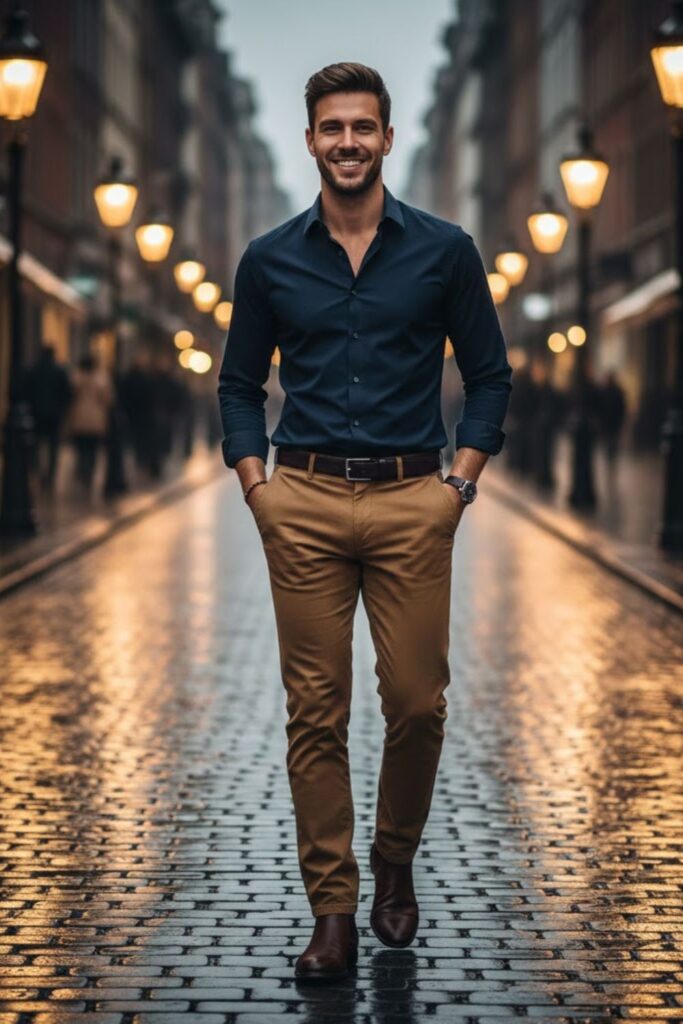 9. Dark Blue Shirt with Camel Pants