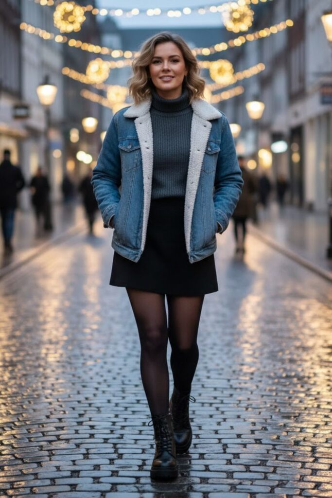 9. Denim Jacket and Black Mini Skirt Combo