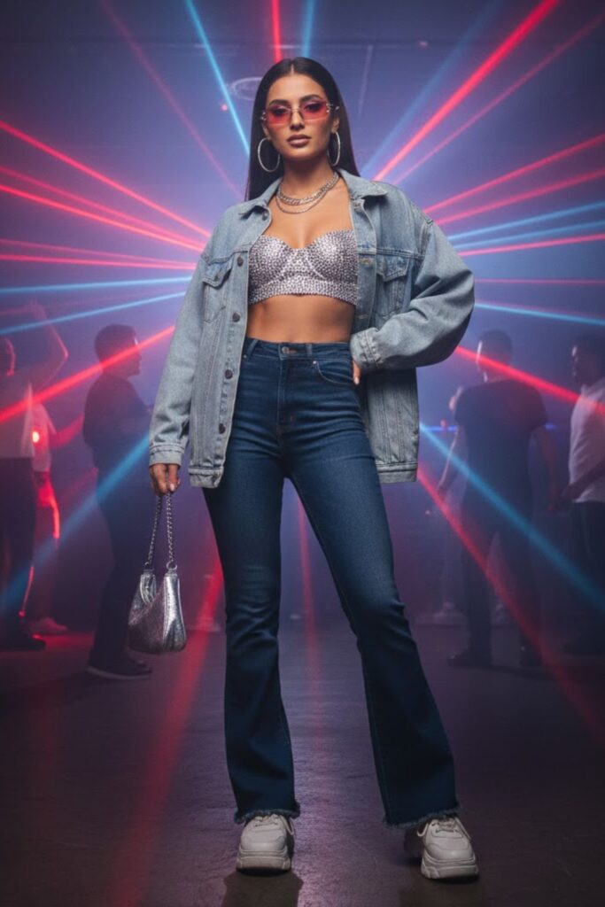9. Denim Jacket over Rhinestone Bustier