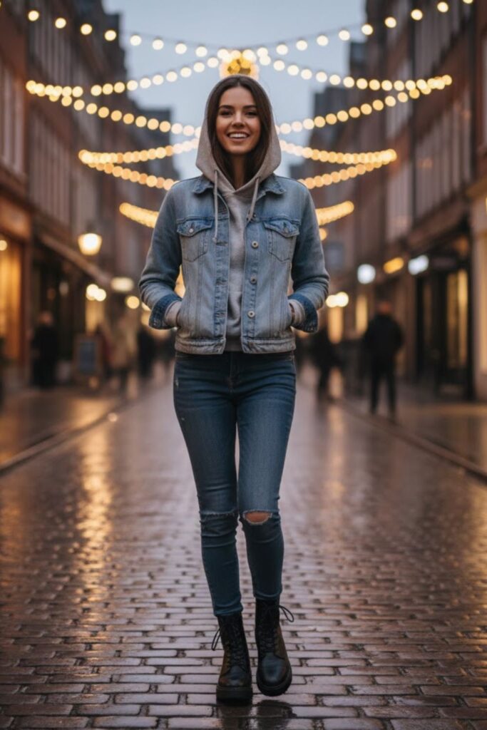 9. Denim Jacket with Hoodie and Jeans