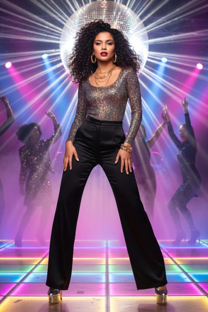9. Glitter Bodysuit with Wide-Leg Pants