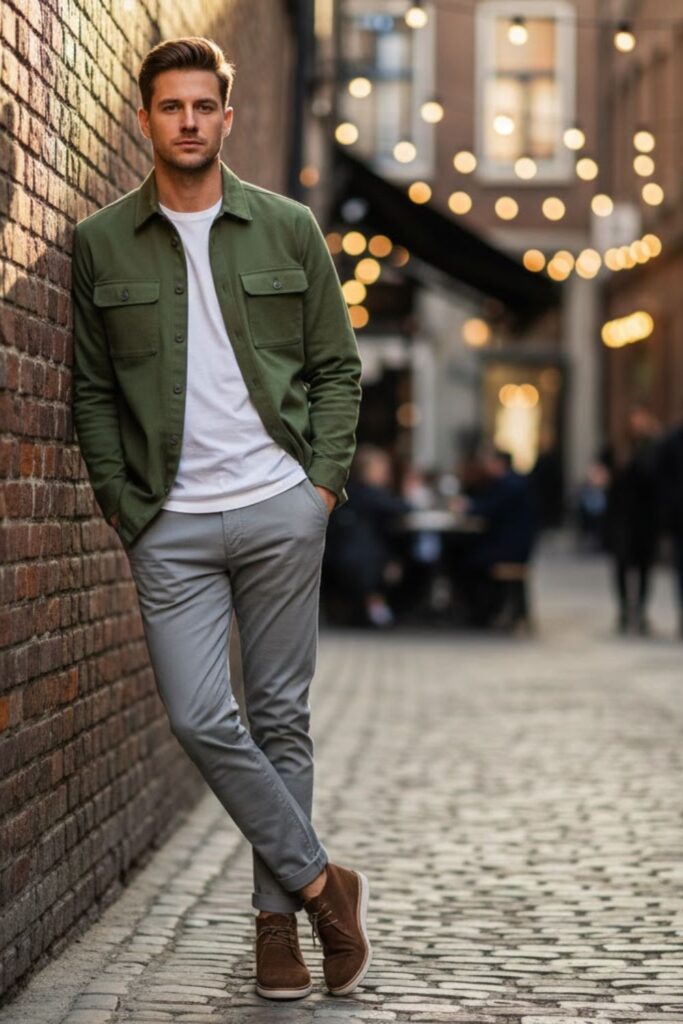 9. Grey Pants with Overshirt and White Tee