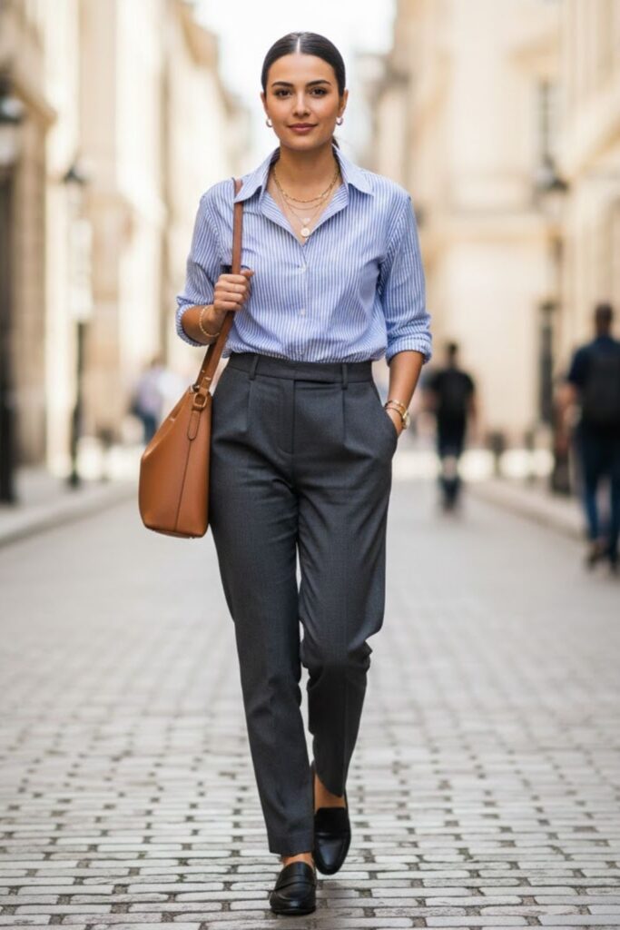 9. Grey Tailored Trousers with Striped Shirt