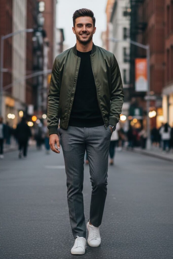 9. Grey Trousers with Bomber Jacket and T-Shirt