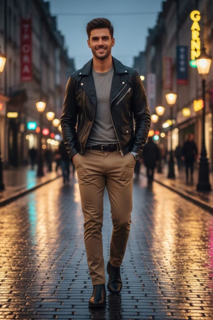 9. Khaki Pants with a Black Leather Jacket