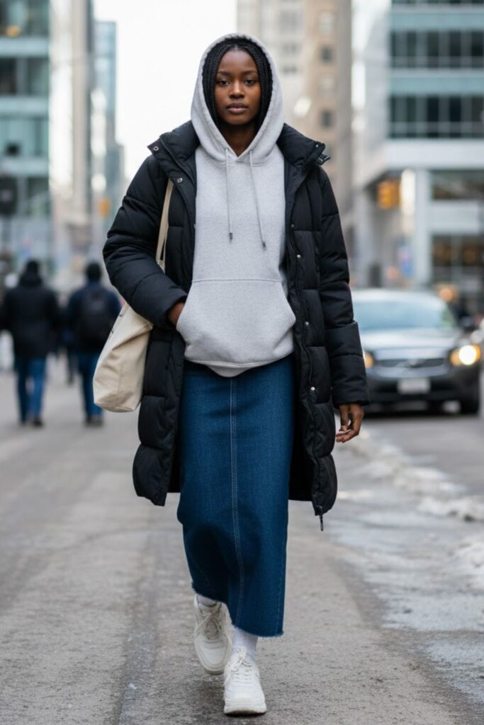 9. Long Denim Skirt with Hoodie and Sneakers