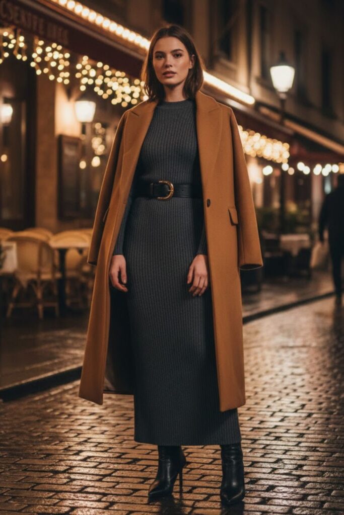 9. Maxi Knit Dress with Belt and Coat