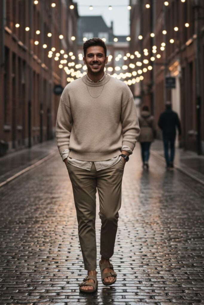 9. Monochrome Outfit with Neutral Birkenstocks