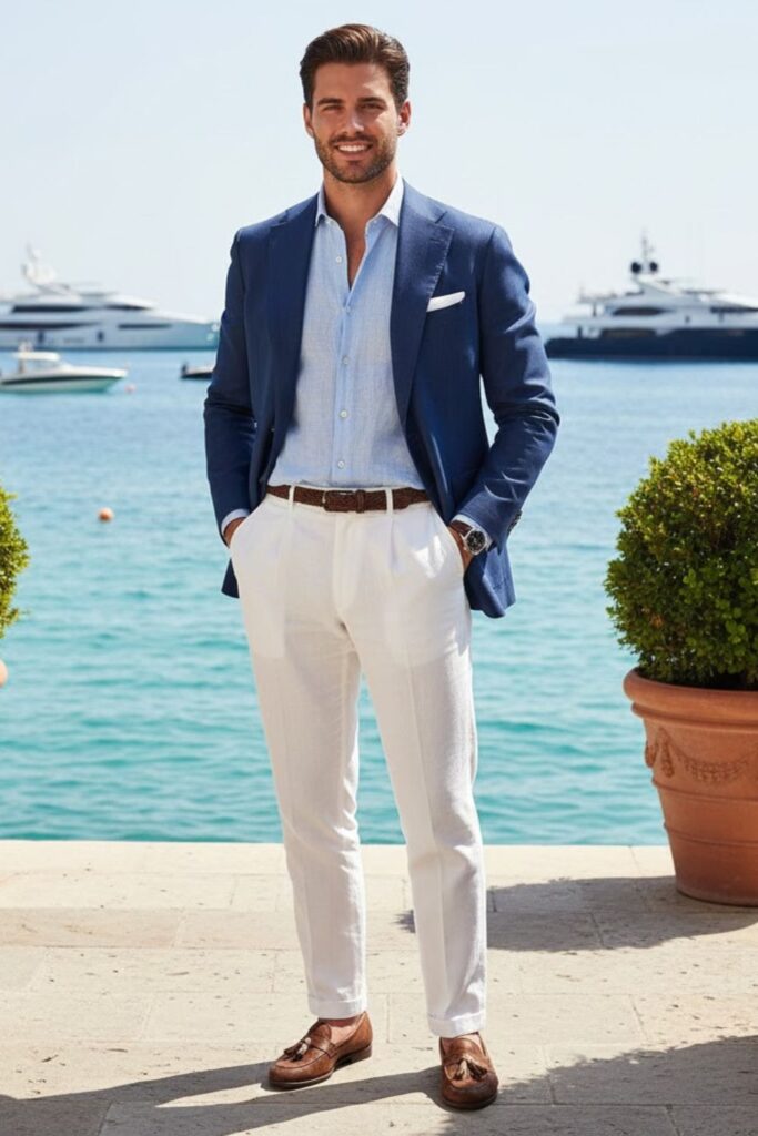 9. Navy Blazer with White Linen Pants
