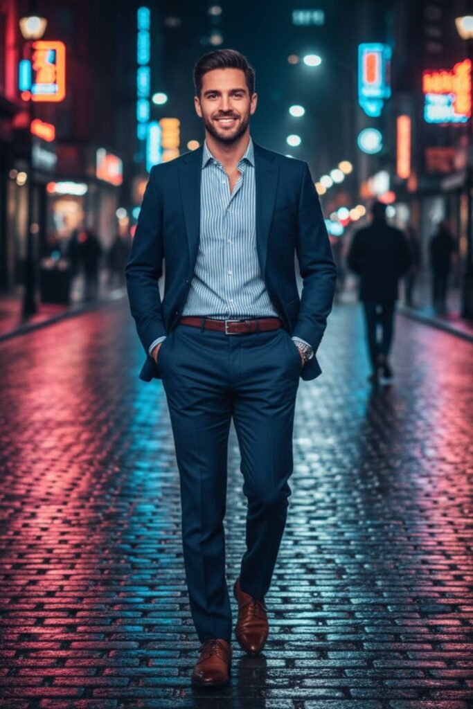 9. Navy Suit with Striped Shirt