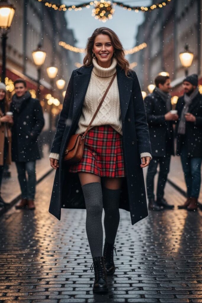 9. Plaid Skirt with Wool Tights and Sweater