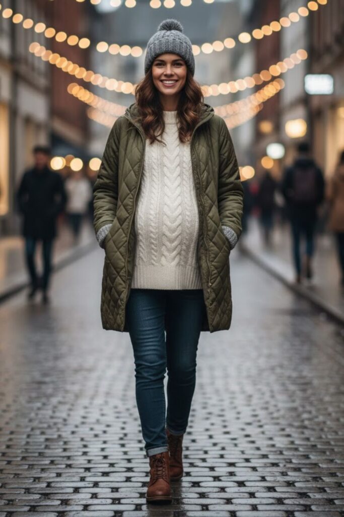 9. Quilted Jacket with Maternity Sweater and Jeans