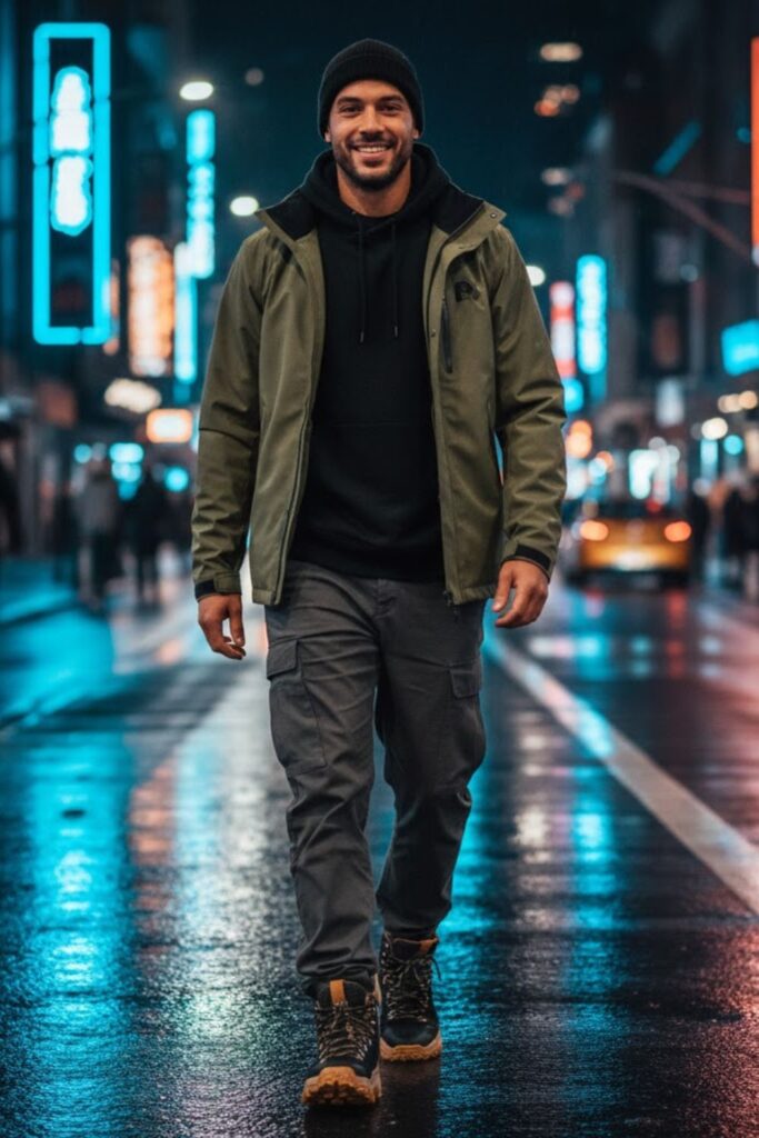 9. Technical Jacket with Cargo Pants and Beanie