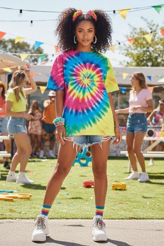 9. Tie-Dye Tee with Denim Shorts