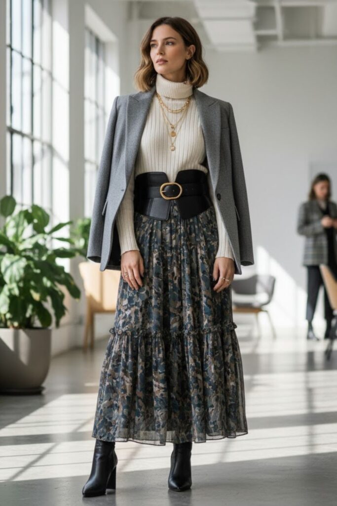9. Tiered Maxi Skirt with a Wool Blazer