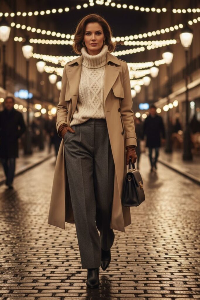 9. Trench Coat with Layered Knitwear and Wide-Leg Pants