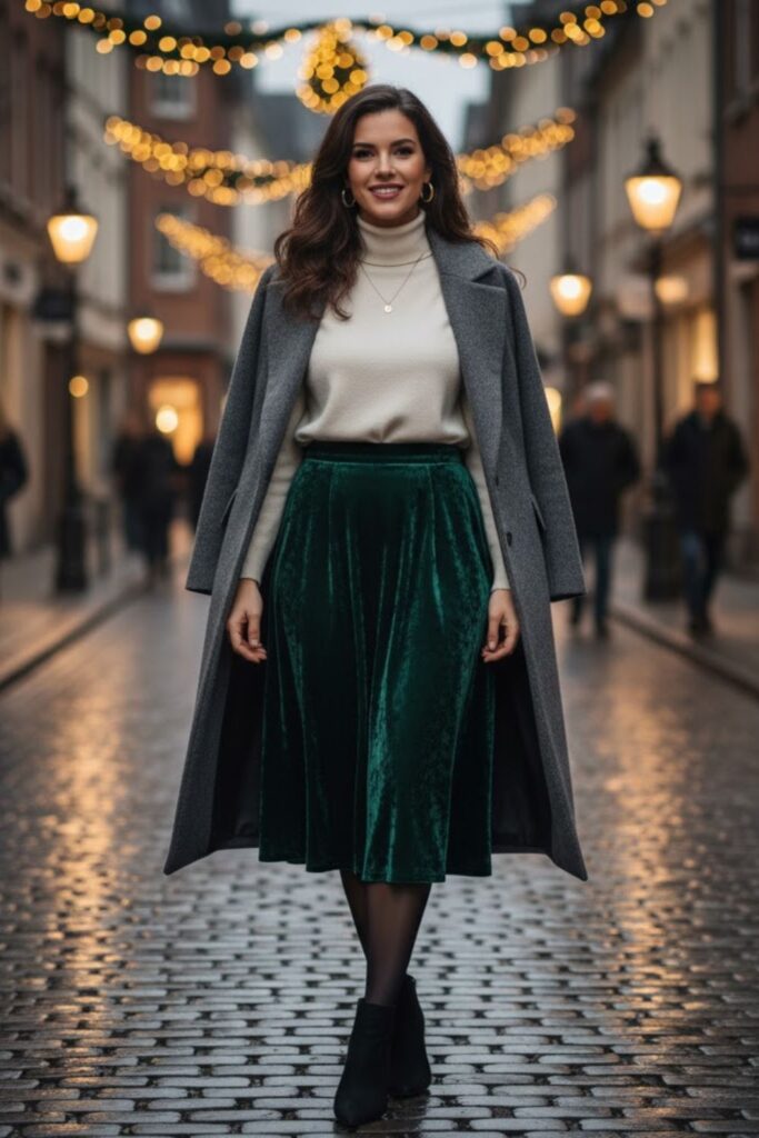 9. Velvet Midi Skirt with Structured Coat