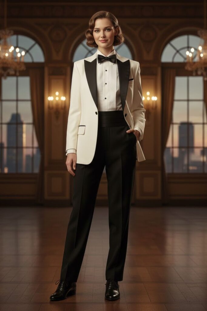9. White Dinner Jacket with Black Trousers (Men’s Style)