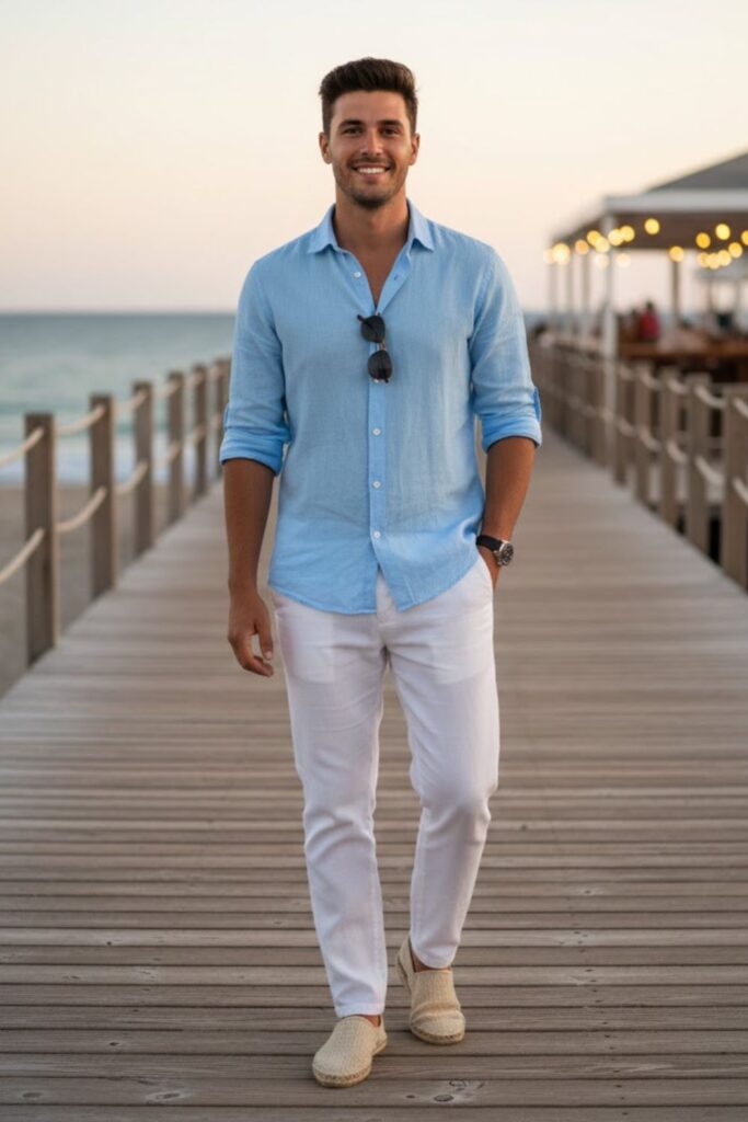 9. White Pants with Linen Shirt