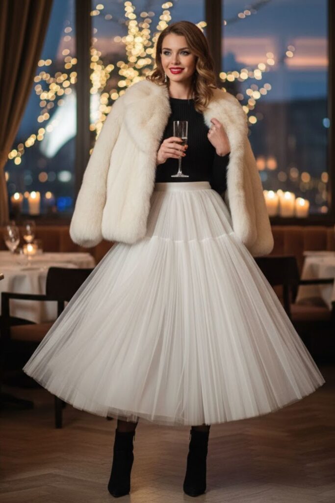 9. White Tulle Skirt with Fitted Top and Fur Coat
