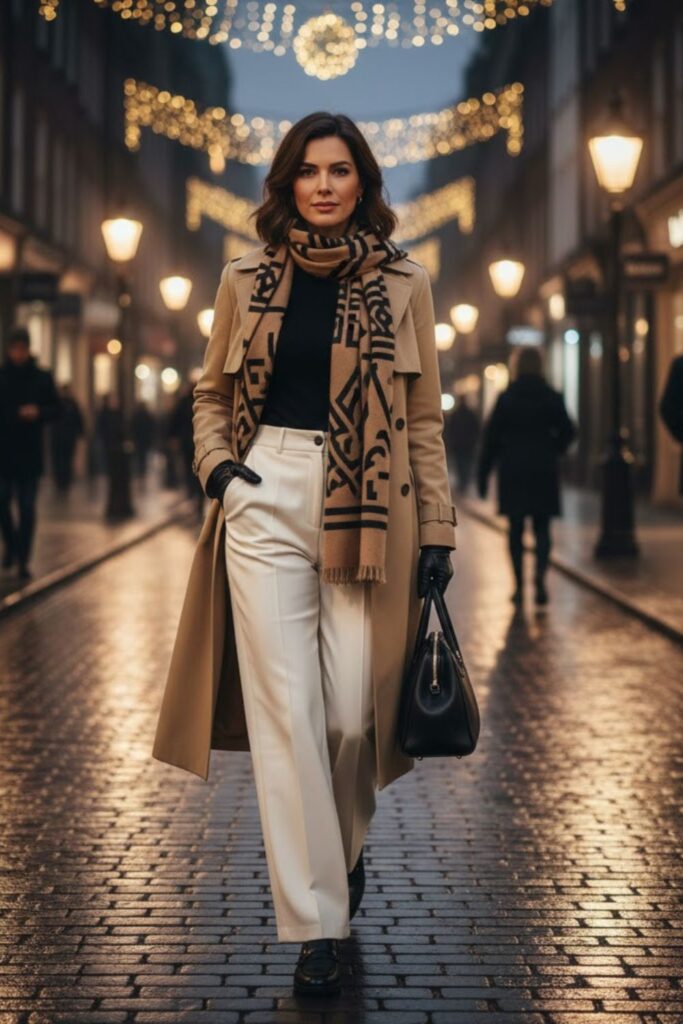 9. White Wide-Leg Pants with Trench Coat and Loafers