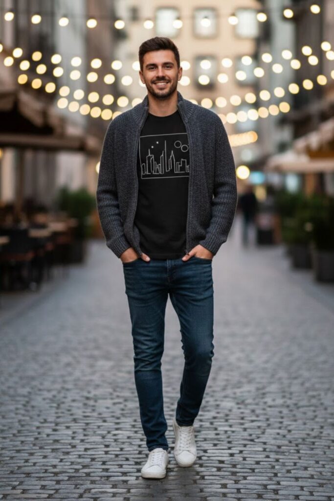 9. Zip-Up Cardigan with Graphic Tee and Slim Jeans