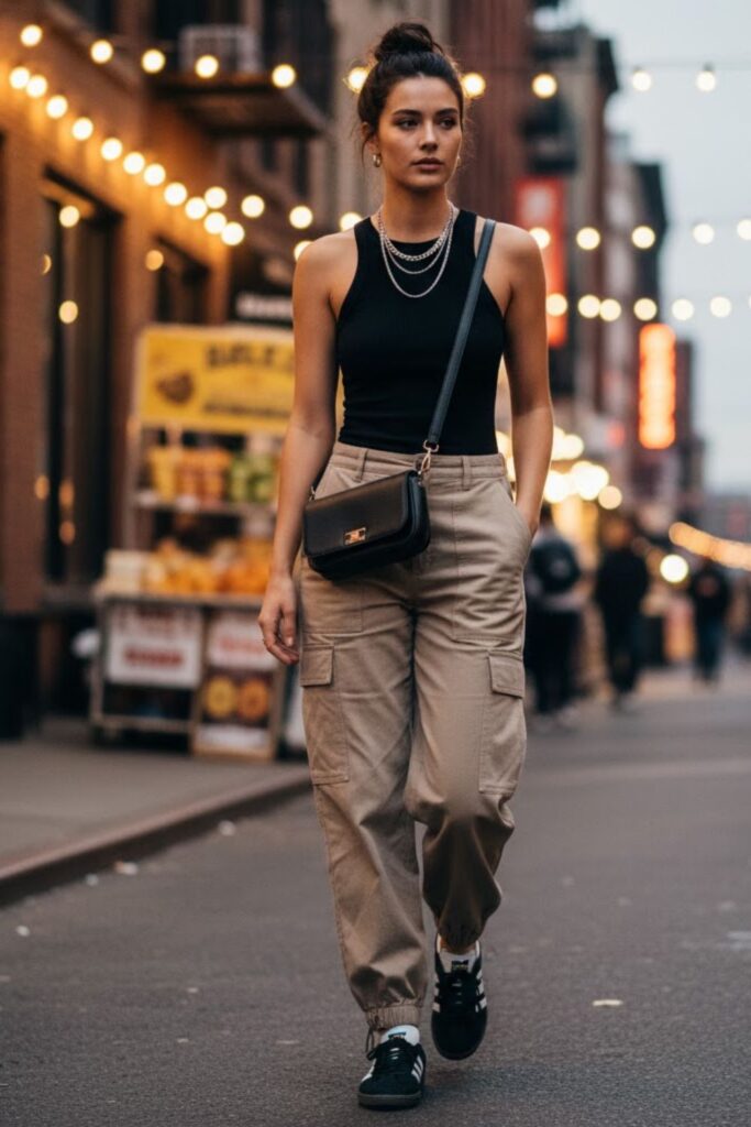 Adidas Samba with Cargo Pants and Fitted Tank Top
