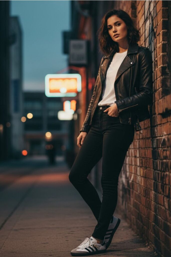Adidas Samba with Leather Jacket and Black Jeans