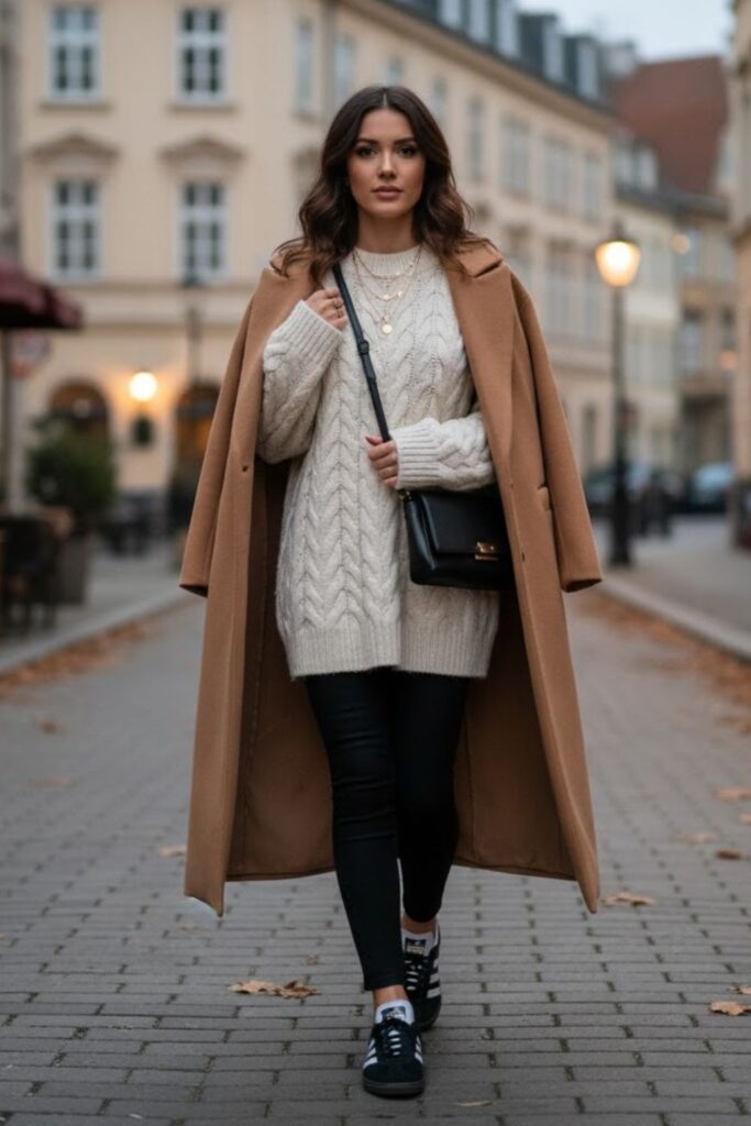 Adidas Samba with Leggings and Oversized Coat