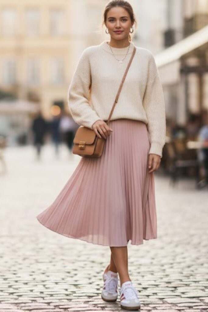 Adidas Samba with Pleated Skirt and Knit Sweater