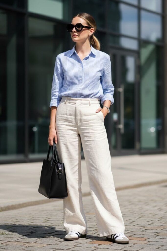 Adidas Samba with Wide-Leg Trousers and Button-Up Shirt